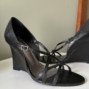 WHBM Heeled Sandals Embossed Leather Strappy Open Toe Wedges Side Buckle